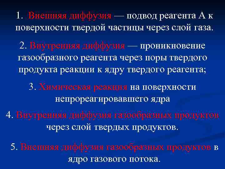 1. Внешняя диффузия — подвод реагента А к поверхности твердой частицы через слой газа.