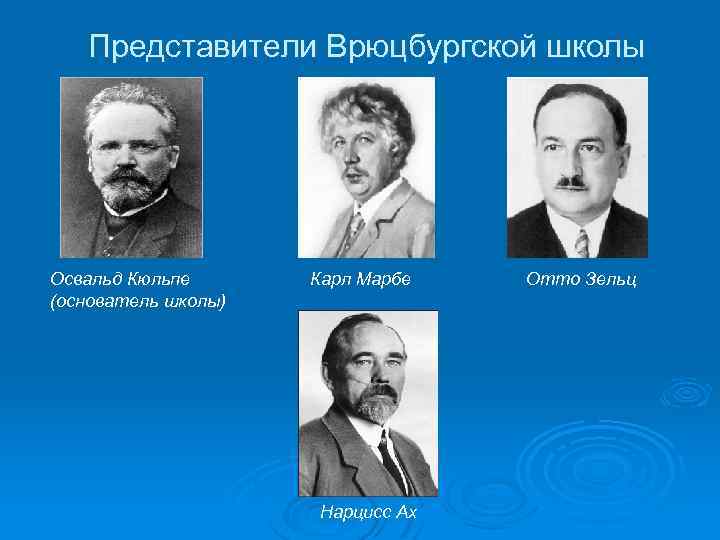 Представители Врюцбургской школы Освальд Кюльпе (основатель школы) Карл Марбе Нарцисс Ах Отто Зельц 