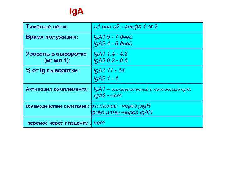 Ig. A Тяжелые цепи: a 1 или a 2 - альфа 1 or 2