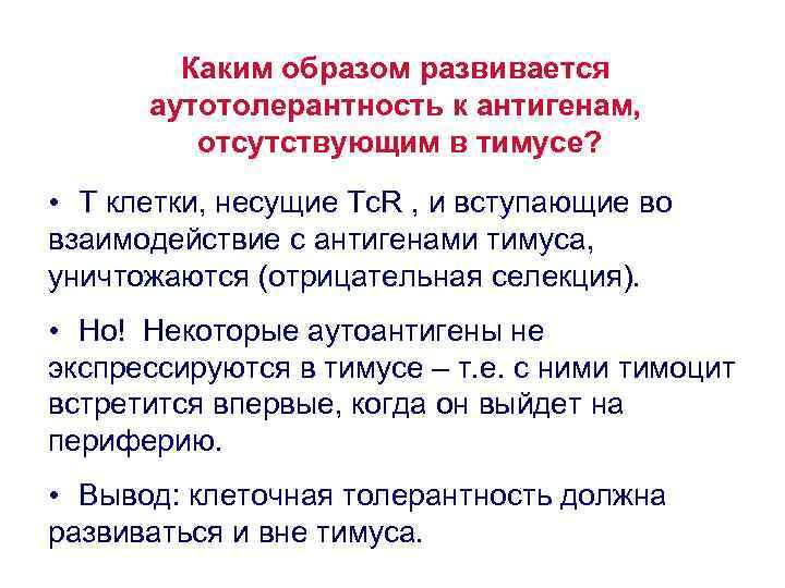 Каким образом развивается аутотолерантность к антигенам, отсутствующим в тимусе? • T клетки, несущие Tc.
