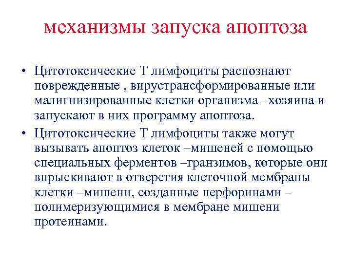 механизмы запуска апоптоза • Цитотоксические Т лимфоциты распознают поврежденные , вирустрансформированные или малигнизированные клетки