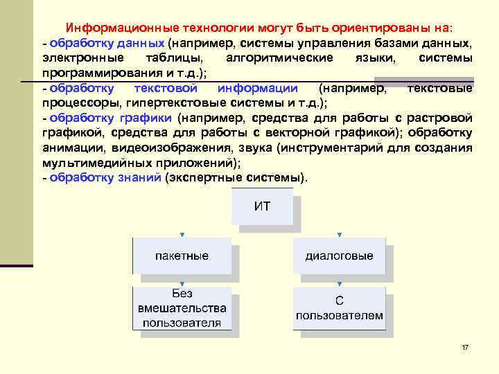 Информационные технологии могут быть ориентированы на: - обработку данных (например, системы управления базами данных,