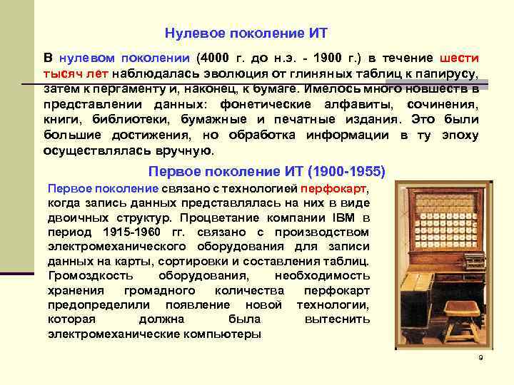 Нулевое поколение ИТ В нулевом поколении (4000 г. до н. э. - 1900 г.