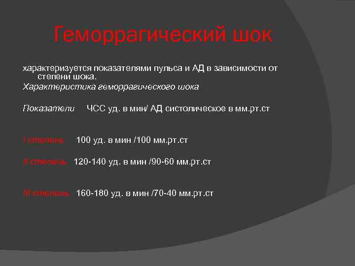 Геморрагический шок характеризуется показателями пульса и АД в зависимости от степени шока. Характеристика геморрагического