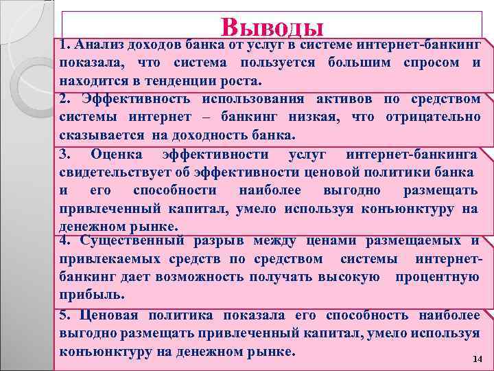 Выводы 1. Анализ доходов банка от услуг в системе интернет-банкинг показала, что система пользуется