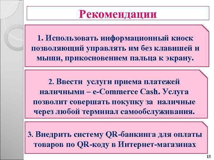 Рекомендации 1. Использовать информационный киоск позволяющий управлять им без клавишей и мыши, прикосновением пальца