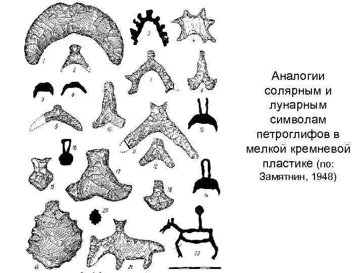 Аналогии солярным и лунарным символам петроглифов в мелкой кремневой пластике (по: Замятнин, 1948) 