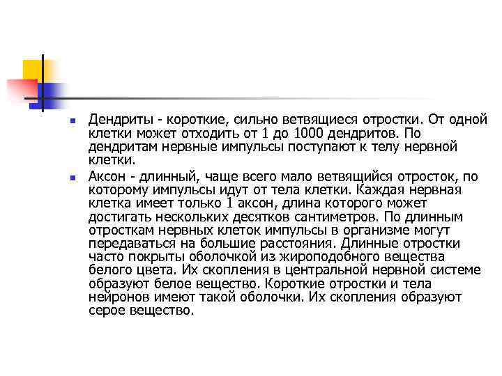 n n Дендриты - короткие, сильно ветвящиеся отростки. От одной клетки может отходить от