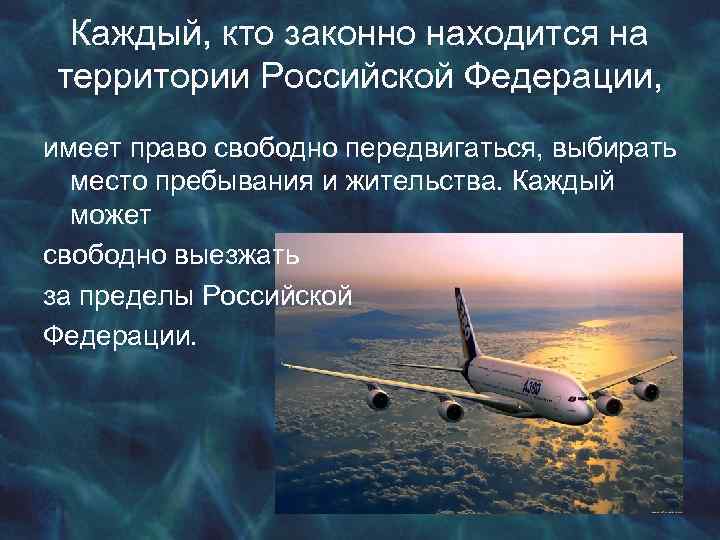 Каждый, кто законно находится на территории Российской Федерации, имеет право свободно передвигаться, выбирать место