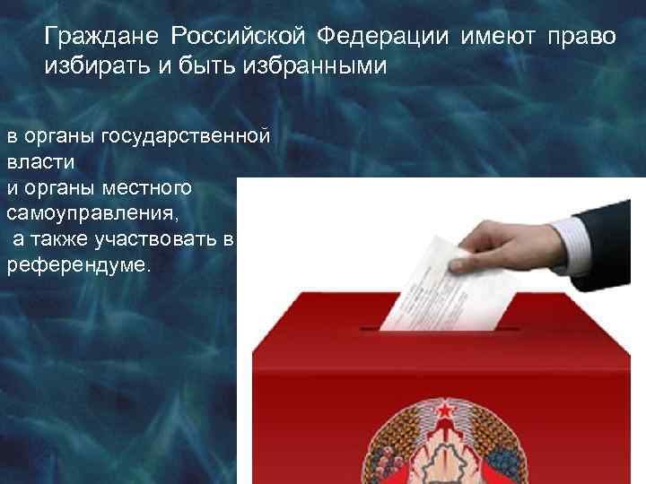 Граждане Российской Федерации имеют право избирать и быть избранными в органы государственной власти и