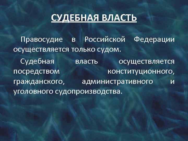 СУДЕБНАЯ ВЛАСТЬ Правосудие в Российской Федерации осуществляется только судом. Судебная власть осуществляется посредством конституционного,