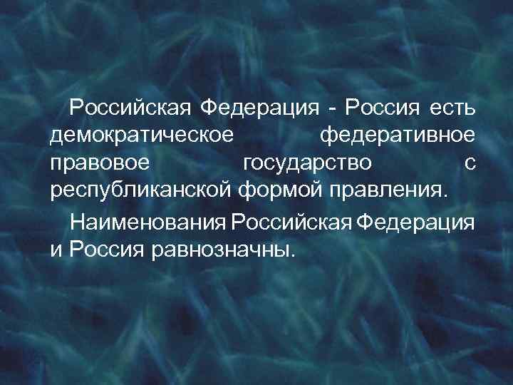 Российская Федерация - Россия есть демократическое федеративное правовое государство с республиканской формой правления. Наименования