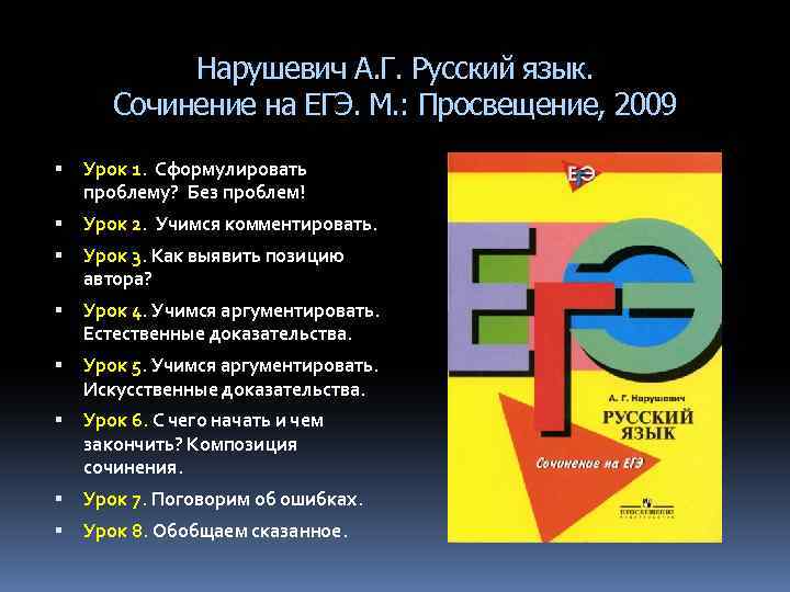 Нарушевич А. Г. Русский язык. Сочинение на ЕГЭ. М. : Просвещение, 2009 Урок 1.