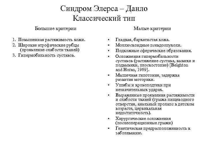 Синдром Элерса – Данло Классический тип Большие критерии 1. Повышенная растяжимость кожи. 2. Широкие