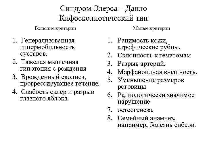 Синдром Элерса – Данло Кифосколиотический тип Большие критерии Малые критерии 1. Генерализованная гипермобильность суставов.
