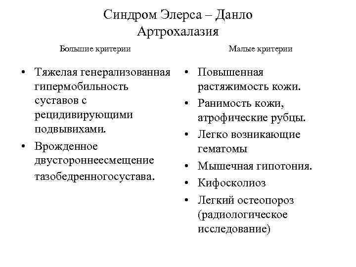 Синдром Элерса – Данло Артрохалазия Большие критерии • Тяжелая генерализованная гипермобильность суставов с рецидивирующими
