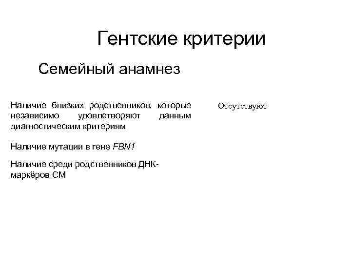 Гентские критерии Семейный анамнез Наличие близких родственников, которые Отсутствуют независимо удовлетворяют данным диагностическим критериям