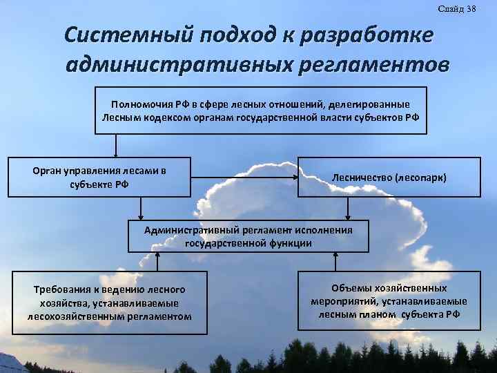 Слайд 38 Системный подход к разработке административных регламентов Полномочия РФ в сфере лесных отношений,