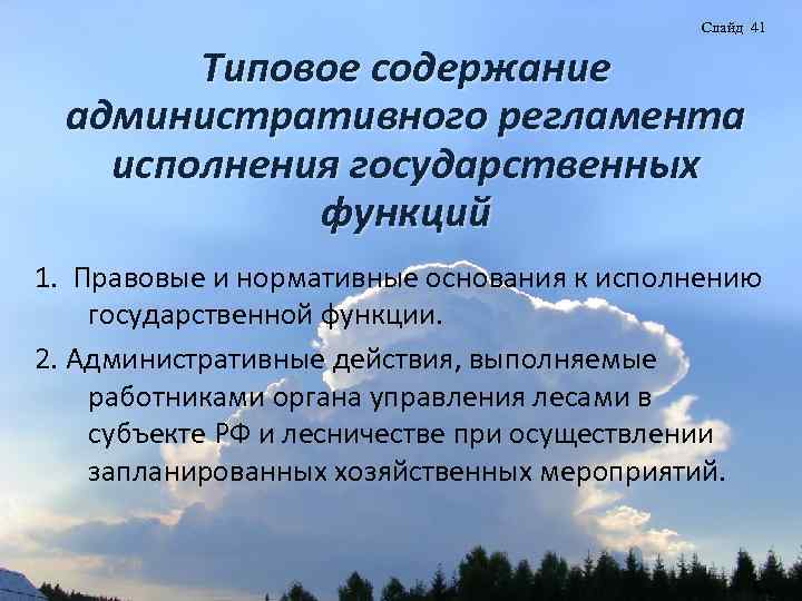 Слайд 41 Типовое содержание административного регламента исполнения государственных функций 1. Правовые и нормативные основания