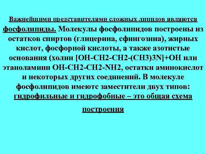 Важнейшими представителями сложных липидов являются фосфолипиды. Молекулы фосфолипидов построены из остатков спиртов (глицерина, сфингозина),