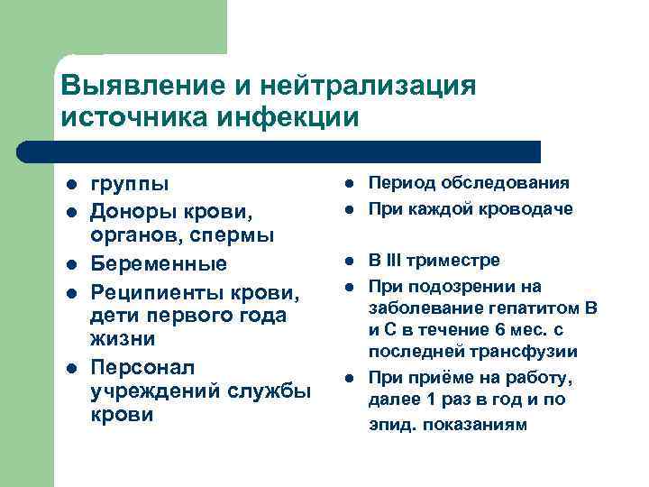 Выявление и нейтрализация источника инфекции l l l группы Доноры крови, органов, спермы Беременные