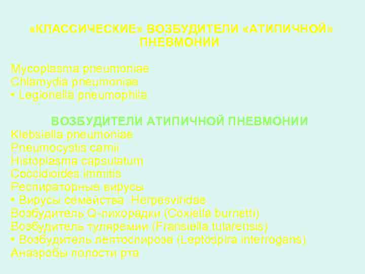  «КЛАССИЧЕСКИЕ» ВОЗБУДИТЕЛИ «АТИПИЧНОЙ» ПНЕВМОНИИ Mycoplasma pneumoniae Chlamydia pneumoniae • Legionella pneumophila ВОЗБУДИТЕЛИ АТИПИЧНОЙ