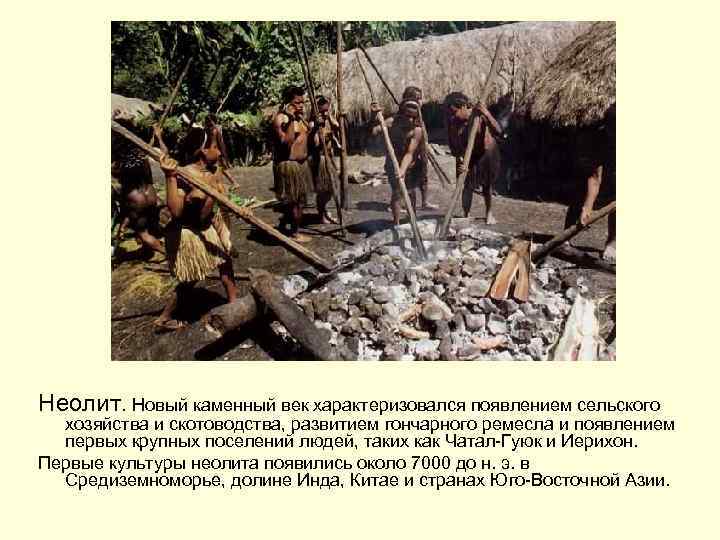 Неолит. Новый каменный век характеризовался появлением сельского хозяйства и скотоводства, развитием гончарного ремесла и
