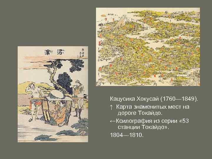 Кацусика Хокусай (1760— 1849). ↑ Карта знаменитых мест на дороге Токайдо. ←Ксилография из серии