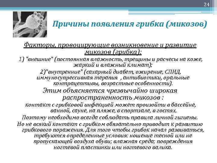 24 Причины появления грибка (микозов) Факторы, провоцирующие возникновение и развитие микозов (грибка): 1) "внешние"