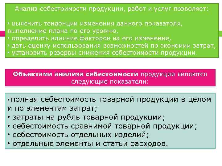 Анализ себестоимости продукции, работ и услуг позволяет: • выяснить тенденции изменения данного показателя, выполнение