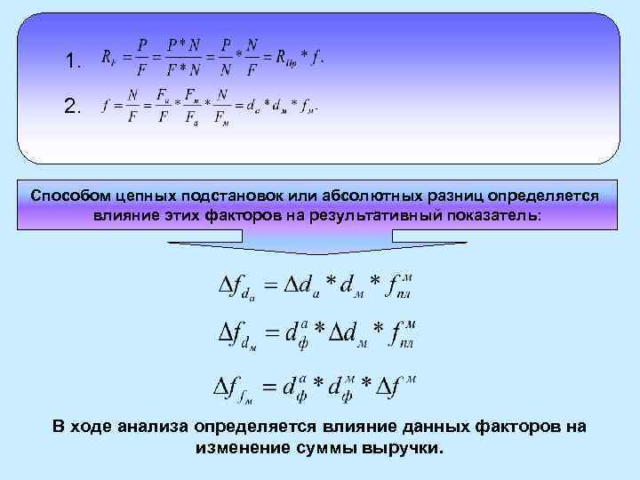 1. 2. Способом цепных подстановок или абсолютных разниц определяется влияние этих факторов на результативный