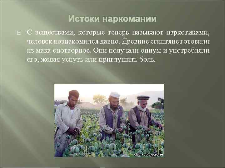 Истоки наркомании С веществами, которые теперь называют наркотиками, человек познакомился давно. Древние египтяне готовили