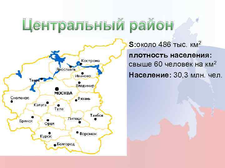 Центральный район S: около 486 тыс. км 2 плотность населения: свыше 60 человек на