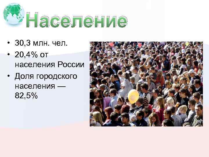 Население • 30, 3 млн. чел. • 20, 4% от населения России • Доля