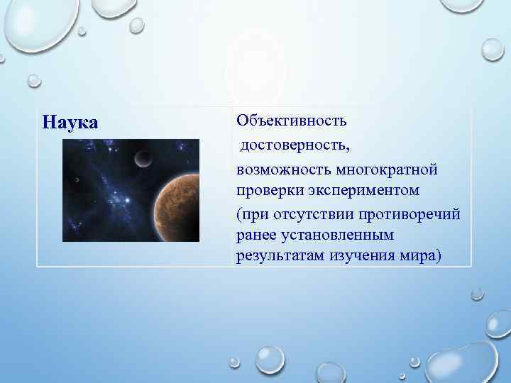 Наука Объективность достоверность, возможность многократной проверки экспериментом (при отсутствии противоречий ранее установленным результатам изучения