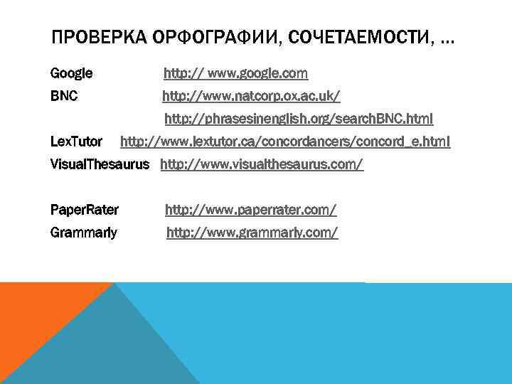 ПРОВЕРКА ОРФОГРАФИИ, СОЧЕТАЕМОСТИ, … Google http: // www. google. com BNC http: //www. natcorp.