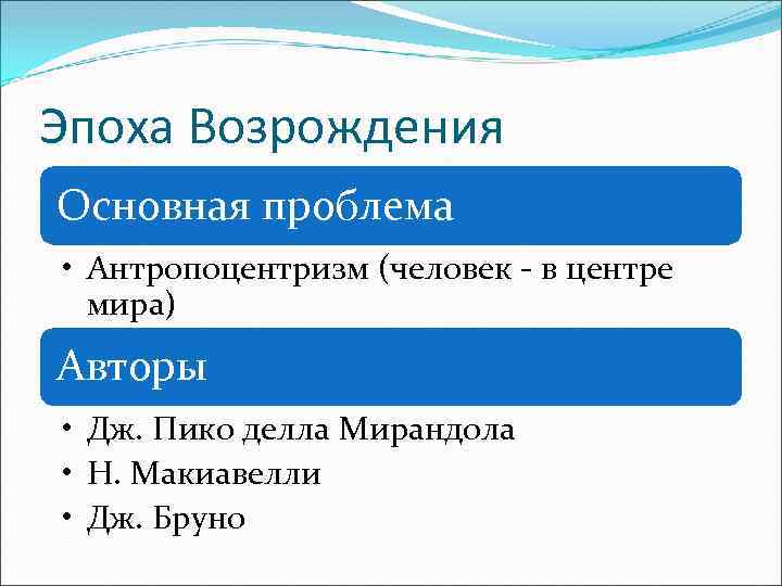 Эпоха Возрождения Основная проблема • Антропоцентризм (человек - в центре мира) Авторы • Дж.