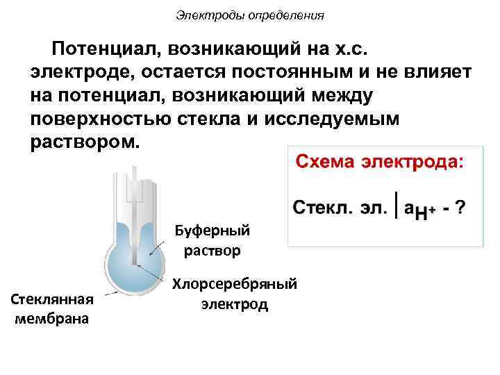 Электроды определения Потенциал, возникающий на х. с. электроде, остается постоянным и не влияет на