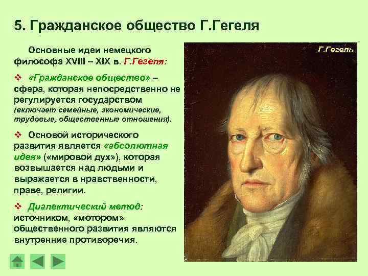 5. Гражданское общество Г. Гегеля Основные идеи немецкого философа XVIII – XIX в. Г.