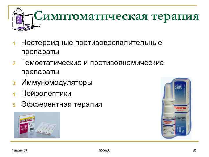 Симптоматическая терапия 1. 2. 3. 4. 5. Нестероидные противовоспалительные препараты Гемостатические и противоанемические препараты