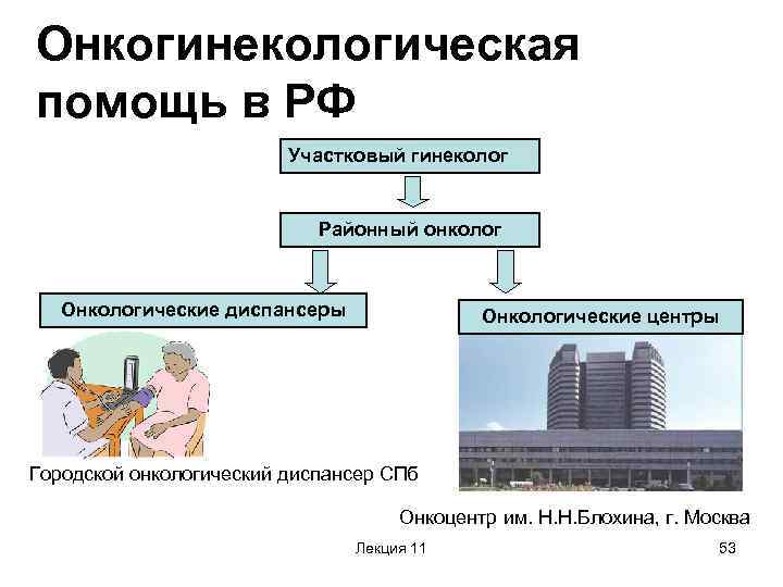 Онкогинекологическая помощь в РФ Участковый гинеколог Районный онколог Онкологические диспансеры Онкологические центры Городской онкологический