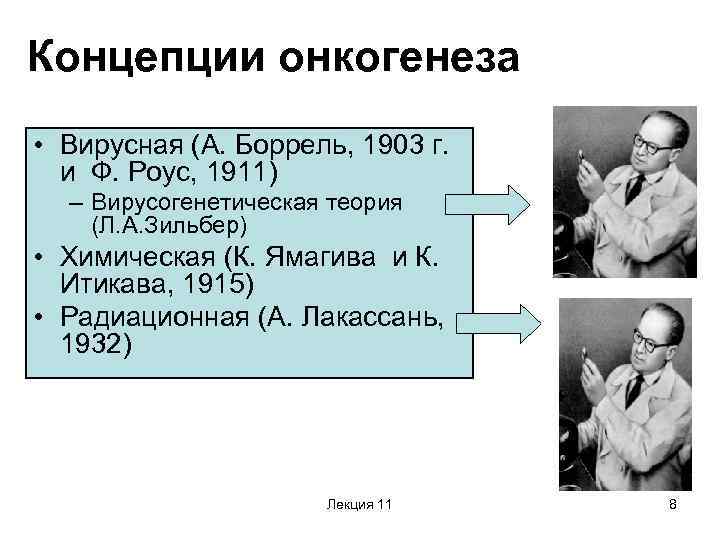 Концепции онкогенеза • Вирусная (А. Боррель, 1903 г. и Ф. Роус, 1911) – Вирусогенетическая