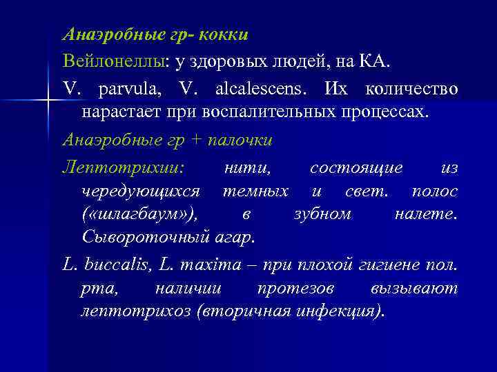 Анаэробные гр- кокки Вейлонеллы: у здоровых людей, на КА. V. parvula, V. alcalescens. Их