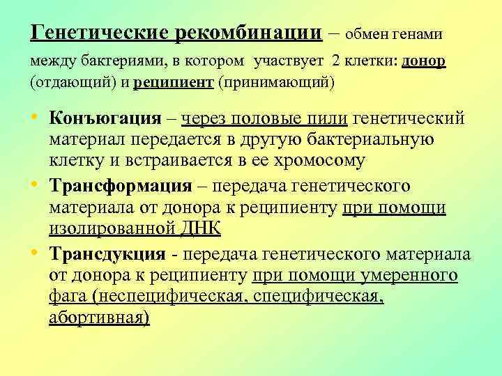 Генетические рекомбинации – обмен генами между бактериями, в котором участвует 2 клетки: донор (отдающий)