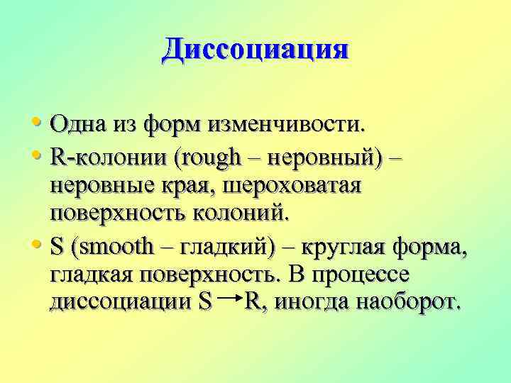 Диссоциация • Одна из форм изменчивости. • R-колонии (rough – неровный) – неровные края,