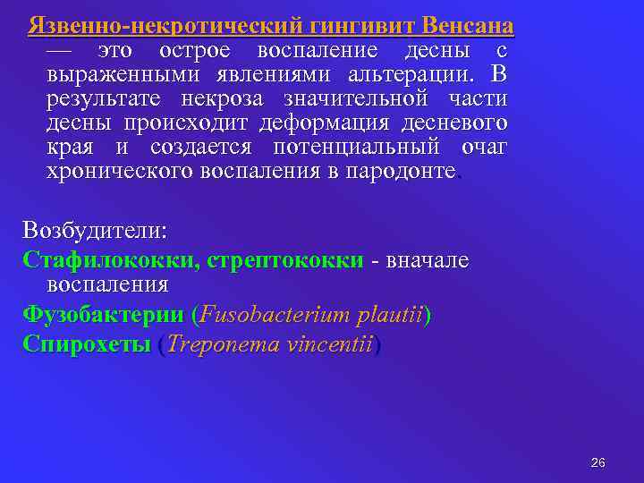 Язвенно-некротический гингивит Венсана — это острое воспаление десны с выраженными явлениями альтерации. В результате
