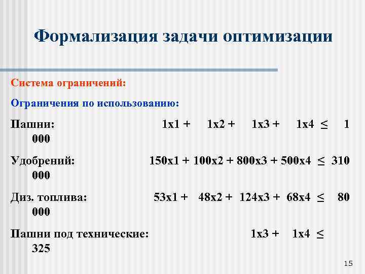 Формализация задачи оптимизации Система ограничений: Ограничения по использованию: Пашни: 000 Удобрений: 000 1 х1