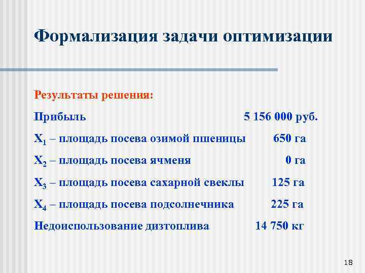 Формализация задачи оптимизации Результаты решения: Прибыль 5 156 000 руб. Х 1 – площадь