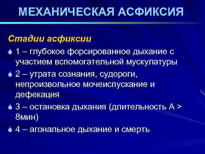 МЕХАНИЧЕСКАЯ АСФИКСИЯ Стадии асфиксии S 1 – глубокое форсированное дыхание с участием вспомогательной мускулатуры