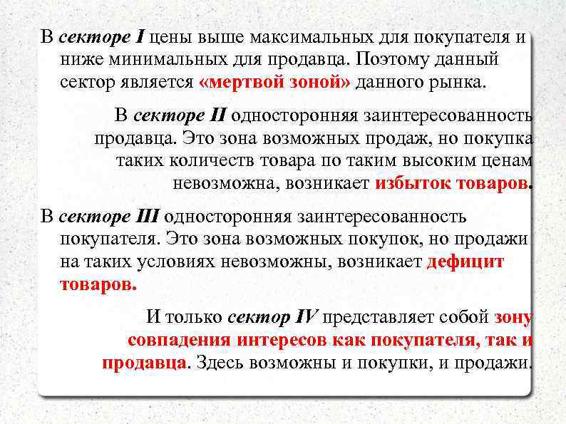 В секторе I цены выше максимальных для покупателя и ниже минимальных для продавца. Поэтому